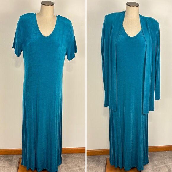 VTG Draper's & Damon's Women's M / L Teal Slinky Maxi Dress and Cardigan Jacket - Picture 1 of 7